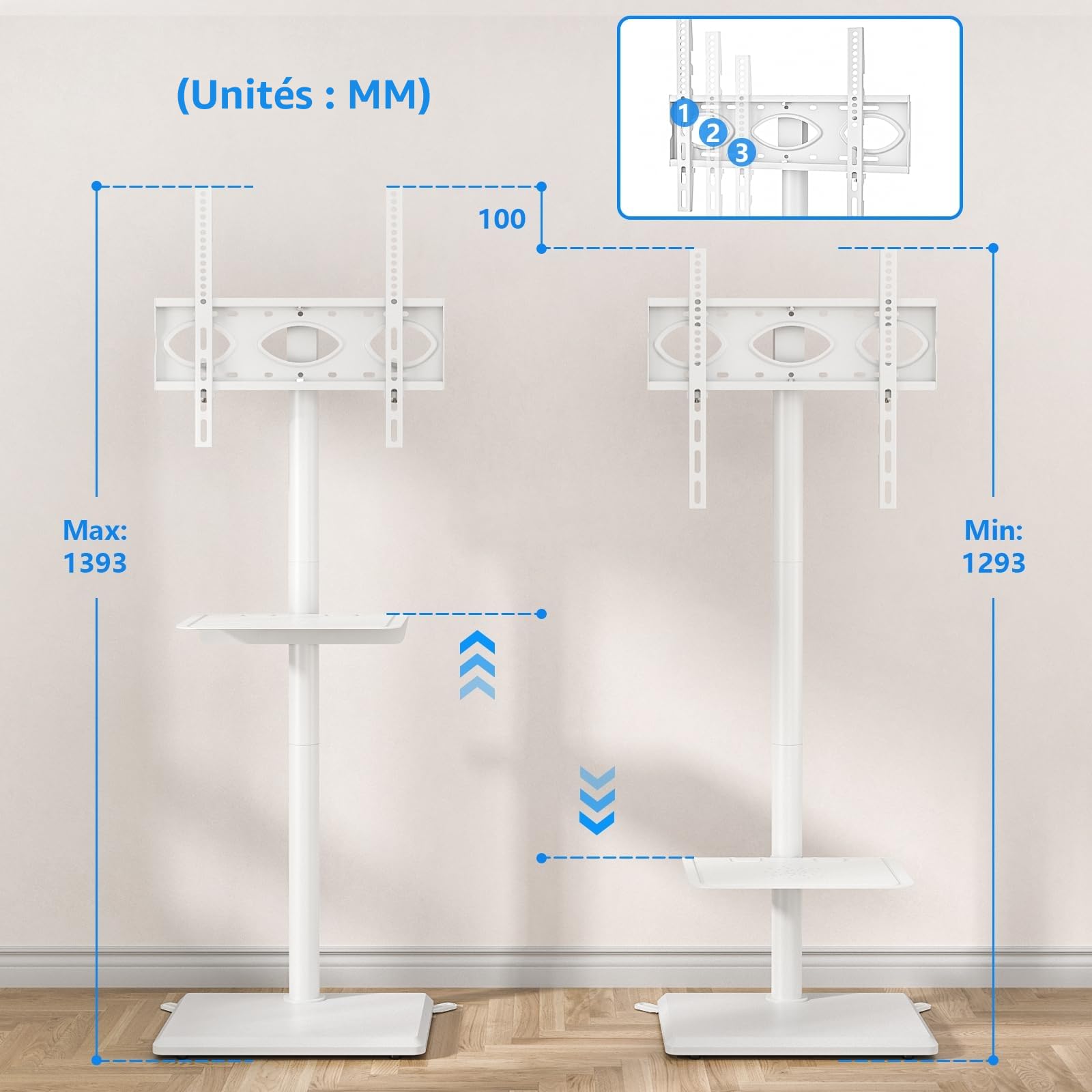 5Rcom Support TV au sol universel pivotant avec support pour téléviseurs de 32 à 55 pouces jusqu'à 40 kg, hauteur réglable avec pivot, haut support TV avec base en bois blanc, VESA max 400 x 400 mm