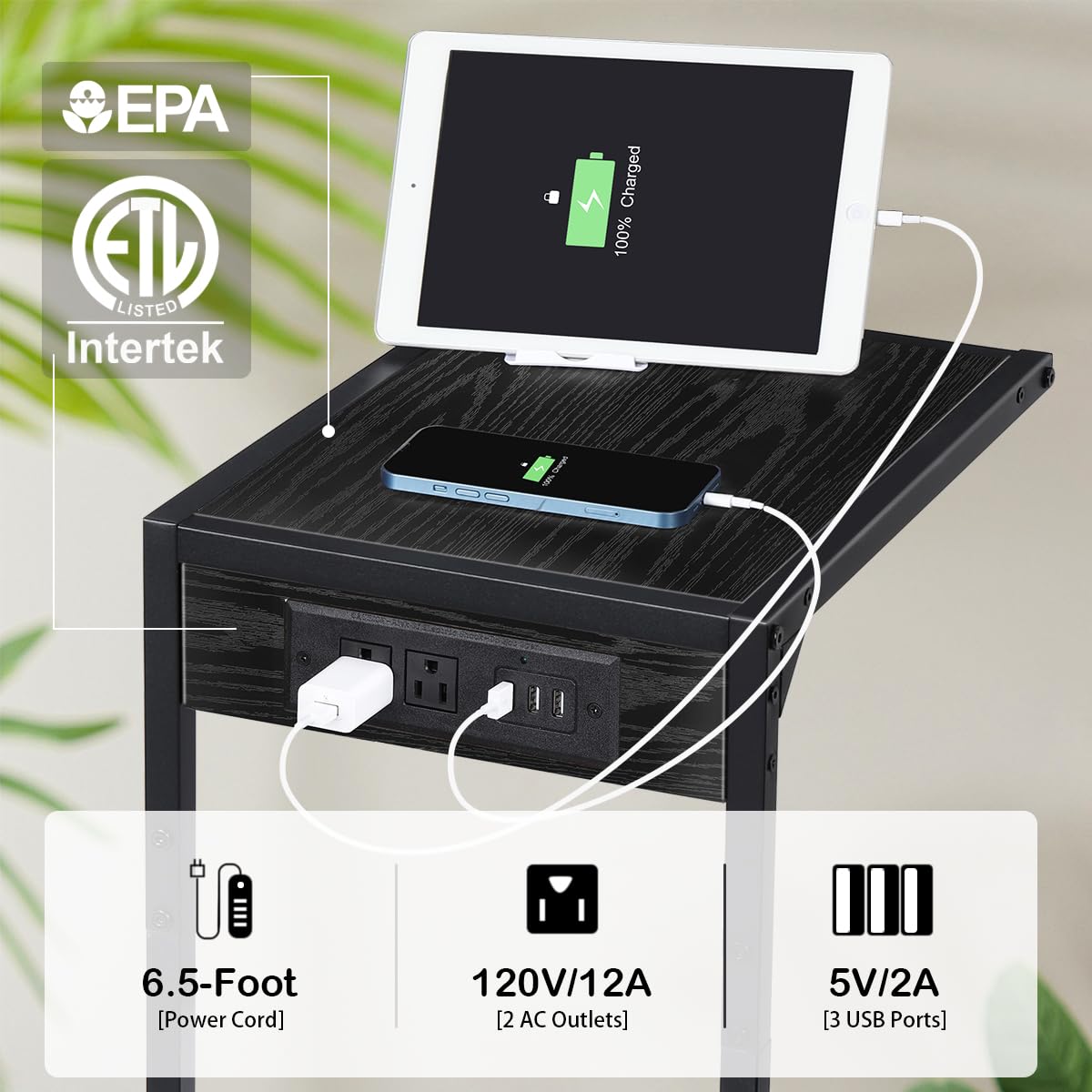 Set of 2 C Shaped End Table with Charging Station, Snack Side Table with Table with USB Ports & Power Outlets, C Tables for Couch, Couch Tables That Slide Under, for Living Room, Bedroom, Black