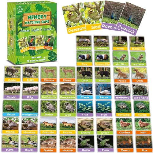 gisgfim 50 Pairs Memory Matching Game Spanish English Bilingual Animal Concentration Memory Card Educational Game for Kids Adults A Fun & Fast Games Toddlers Preschool Family Board Gift Matching Games