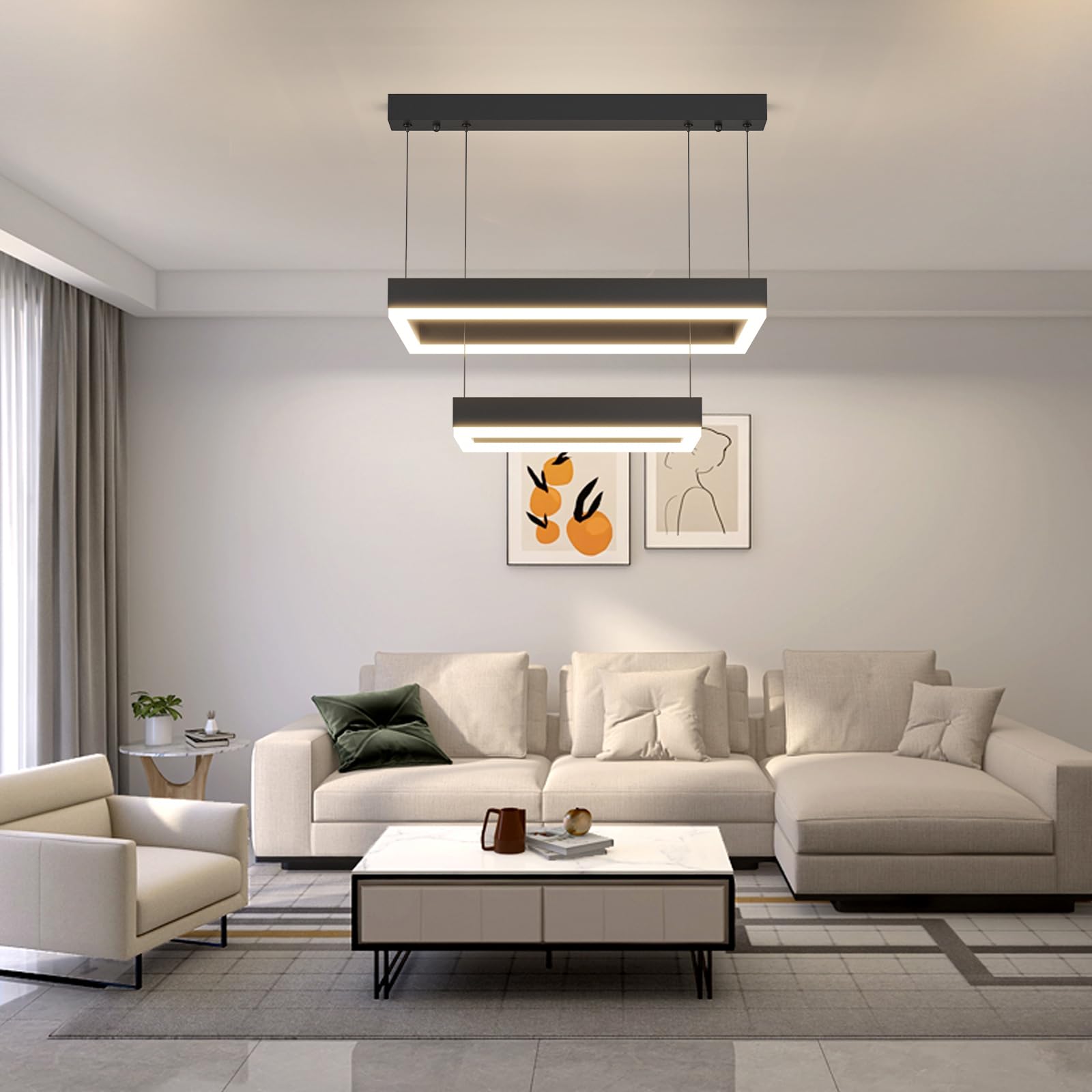 Mikeru Dimmable 3000k/4500k/6500k Ceiling Pendant Light, 10%-100% Brightness Adjustable, Rectangle 2 Ring Kitchen Island Pendant Light, Height Adjustable 1.5M Suitable for Living Room, Bedroom — image 1