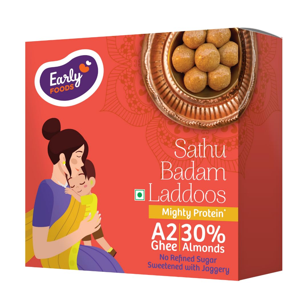 Early Foods - Sathu Badam A2 Ghee Laddoo | 30% Almonds, High Protein | Sattu Atta ladoo | Sugar free sweets | No Palm Oil | Best Adults & Kids Snacks, Lunch Box & Travel Snacks for Kids | Energy Bar Replacement, 250g