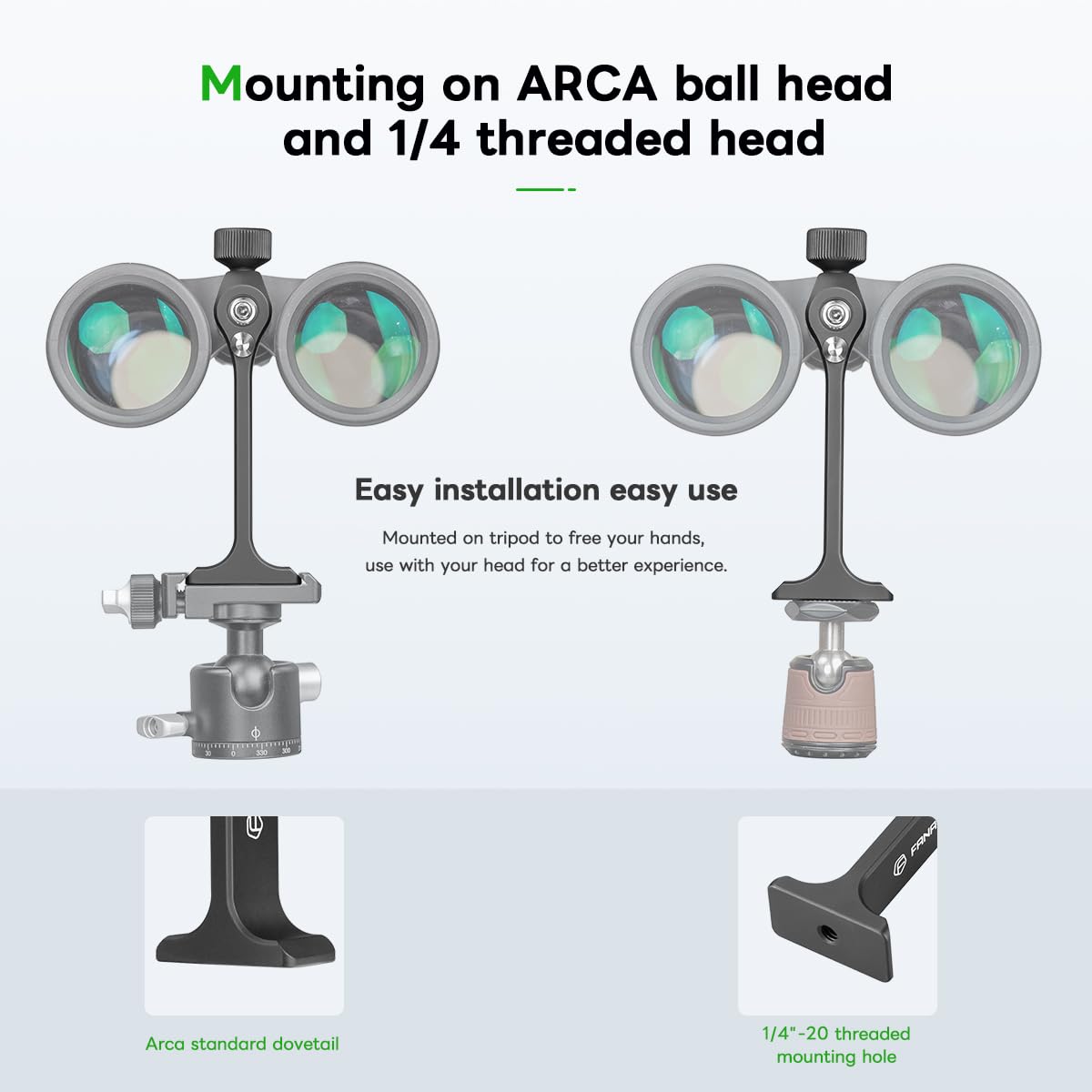 FANAUE Adattatore Treppiede Per Binocolo – Sgancio Rapido Universale, Filettatura 1/4-20, Base Arca Swiss, In Alluminio T6061, Per Birdwatching E Caccia