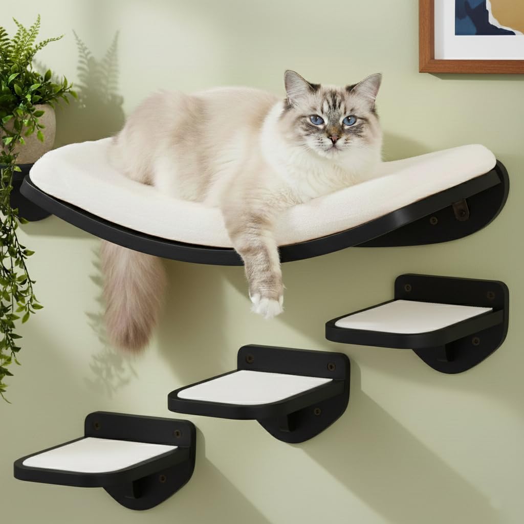 Cat Wall Shelves, Walnut Finish – Floating Cat Furniture with Curved Bed & Steps | Modern Minimalist Wood Climbing Shelves Set of 4 for Indoor Cats, Sturdy Wall-Mounted Design