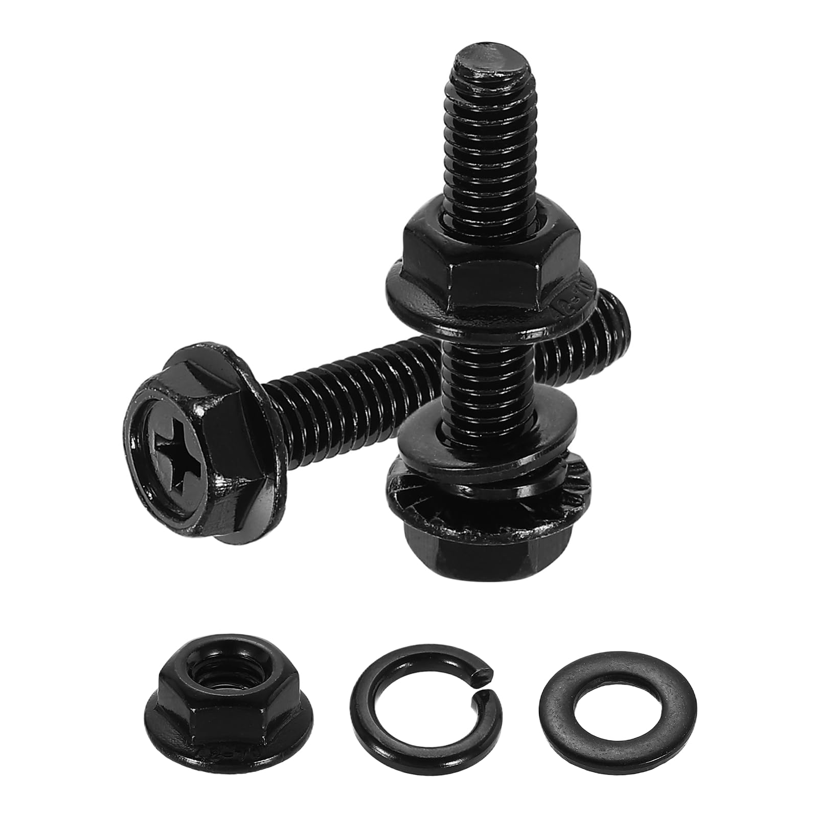 sourcing map M6 x 30mm Phillips Flanged Hex Head Bolts, 10Pcs 304 Stainless Steel Flange Hexagon Screws with Nuts, Flat & Lock Washers, Fully Threaded, for Machinery Industry Home, Black — image 1