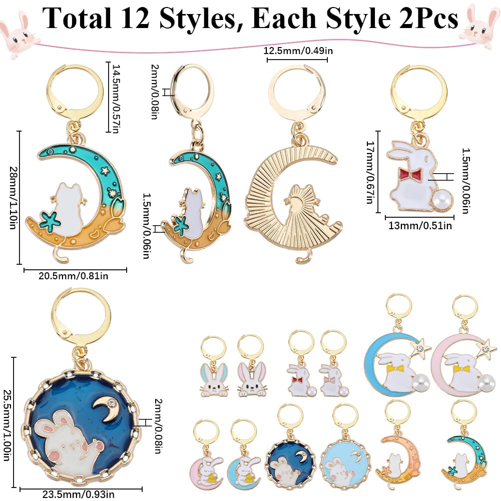 SUNNYCLUE 1 Box 24Pcs 12 Styles Rabbit Clasp Charms Animal Stitch Markers Bulk Metal Alloy Enamel Bunny Moon Star Pearl Crochet Hoop Locking Marker for Knitting Weaving Quilting jewellery DIY Crafts - Image 2