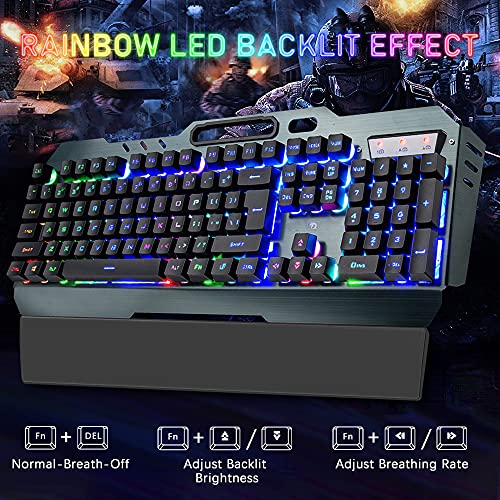 Wireless Keyboard And Mouse Combo,Rainbow Backlit Gaming Keyboard With Memory Foam Keyboard Wrist Rest,Rechargeable 3800 Mah Battery,Metal Panel,Mechanical Feel,Ergonomic,Gaming Mouse For Pc Gamers #TOP1