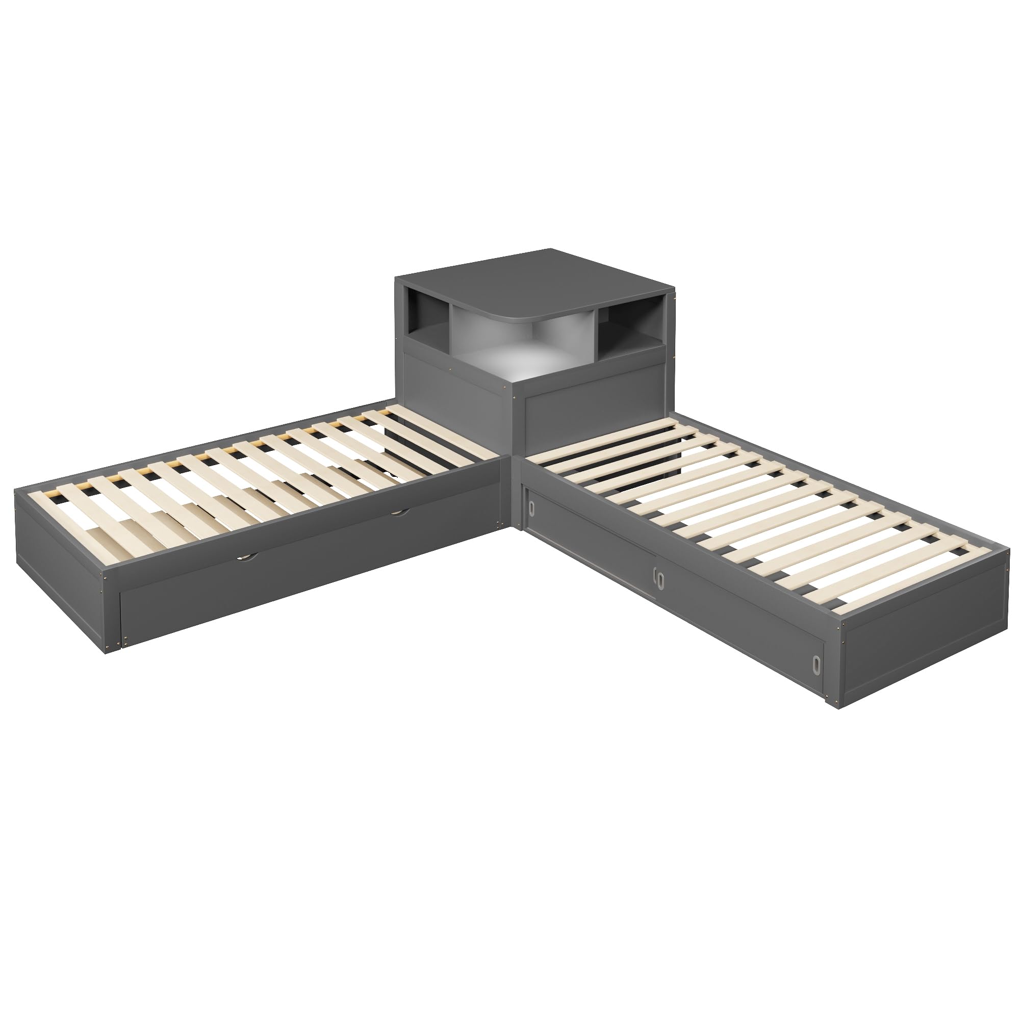 Cama Nido 90x200 con Respaldo en Forma de L Cama Canapé Madera de Pino Single Bed con Almacenamiento Integrado Estructura Angular de Plataforma en L para Estudio Gris
