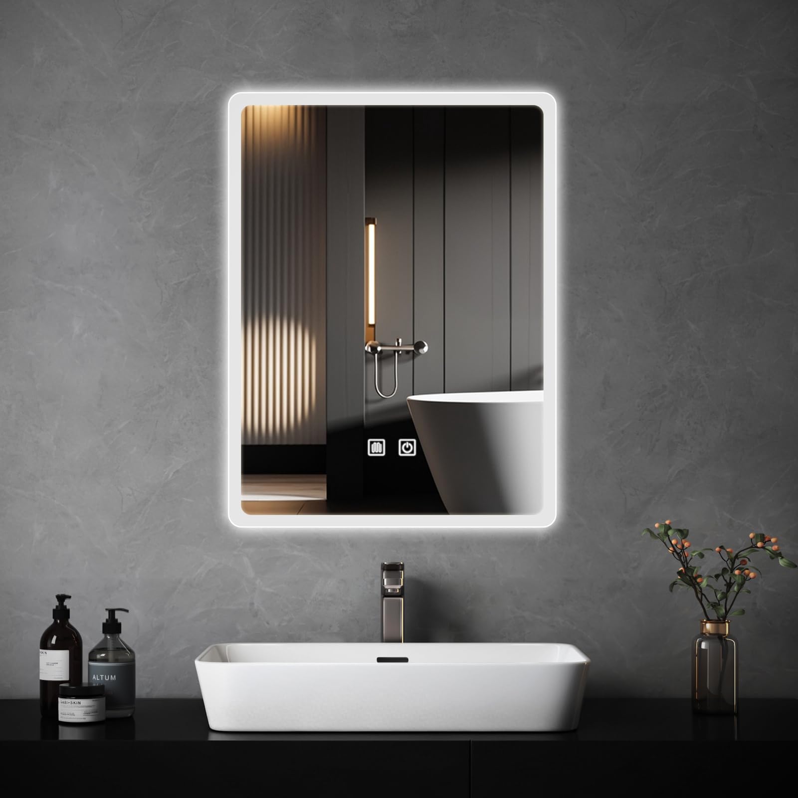 Espejo de baño con luces LED, espejo iluminado de 60x45cm para baño con función antivaho, luces regulables de 3 colores, retroiluminación, montado en la pared, resistente al agua, control