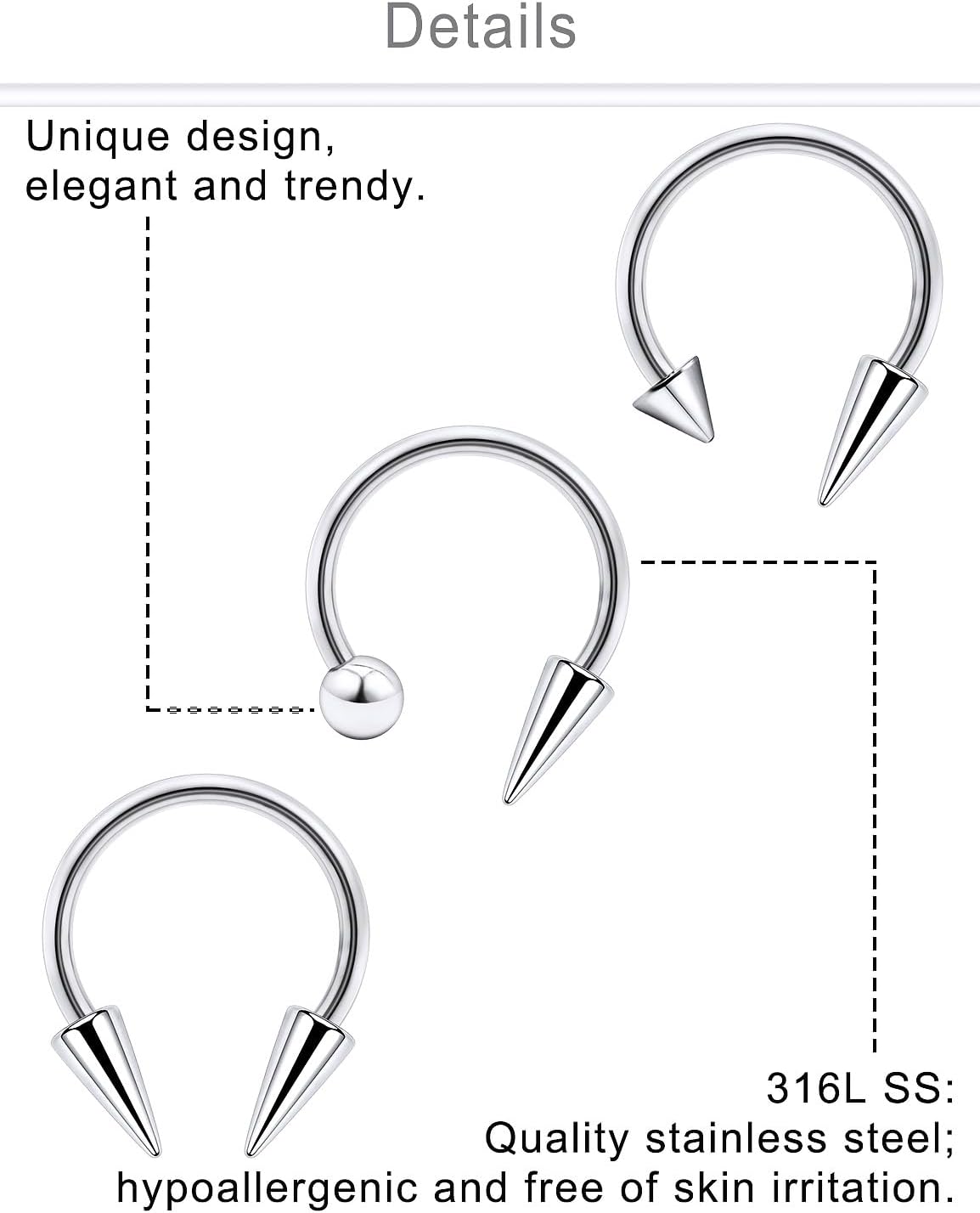 Dyknasz 16G Long Spike Septum Rings Surgical Steel Snake Bite Jewelry Lip Rings Horseshoe Hoop Septum Ring Ear Daith Piercing Jewelry for Women Men 8mm-10mm - Image 3