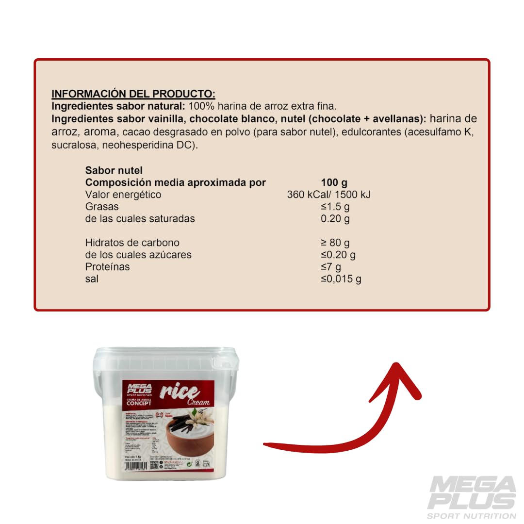 Crema de Arroz - Mega Plus Concept - Crema de arroz en polvo - Sin azúcares añadidos - alto en carbohidratos - Sin Gluten - Sin Lactosa- 1 kg (1 Kg, Vainilla) — view 2