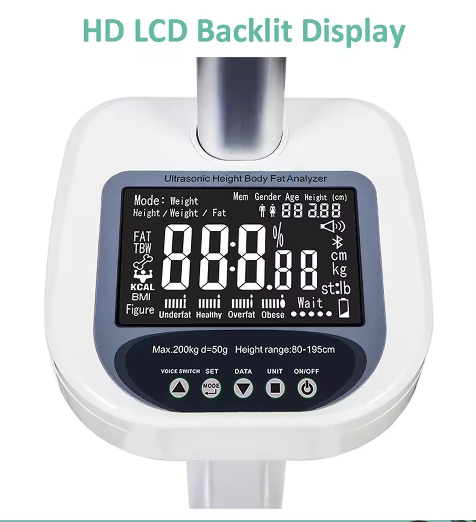 Bilancia di dimensioni e peso con app display LCD, analizzatore di grasso corporeo da 200 kg, bilancia digitale per misurazione peso/altezza/obesità/BMI