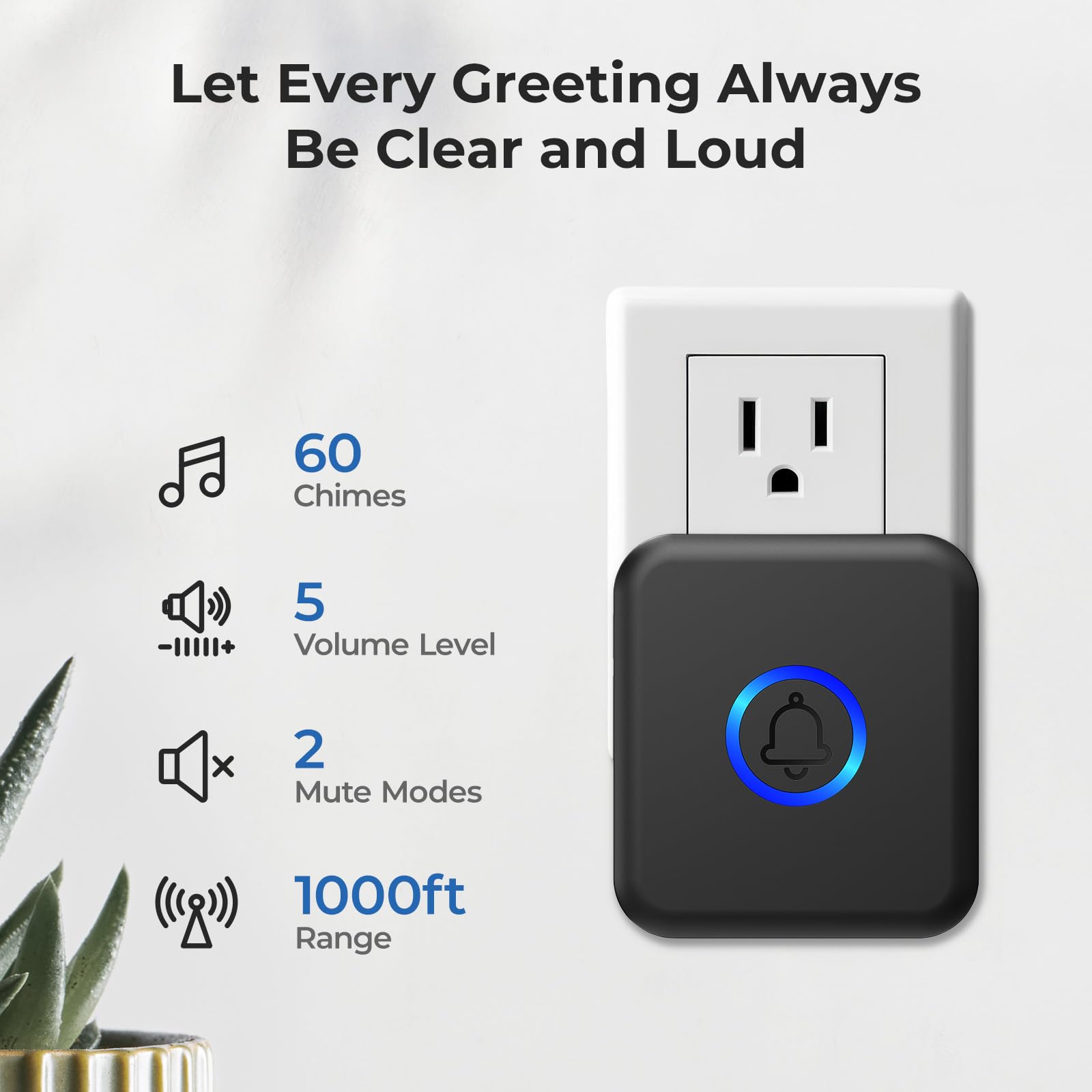 FOVKSUC - Kit de timbre inalámbrico con 60 campanas, 5 niveles de volumen y flash LED de 300 m, 3 receptores + 2 botones de timbre para casa, aula, oficina, hospital, color negro