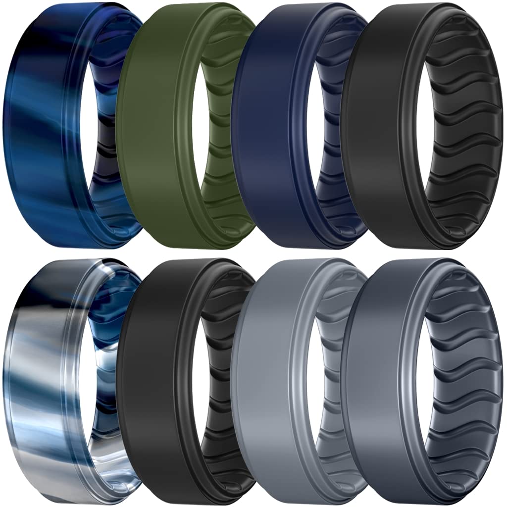 Dookeh Breathable Mens Silicone Wedding Rings, Rubber Ring Bands For Men, Black Blue Camo Engagement Band, Best for Workout, 1-4-7 Pack (Z-Darkcamo,Green,Nabyblue,Black,Bluecamo,Black,Gray,Dgray, 13)