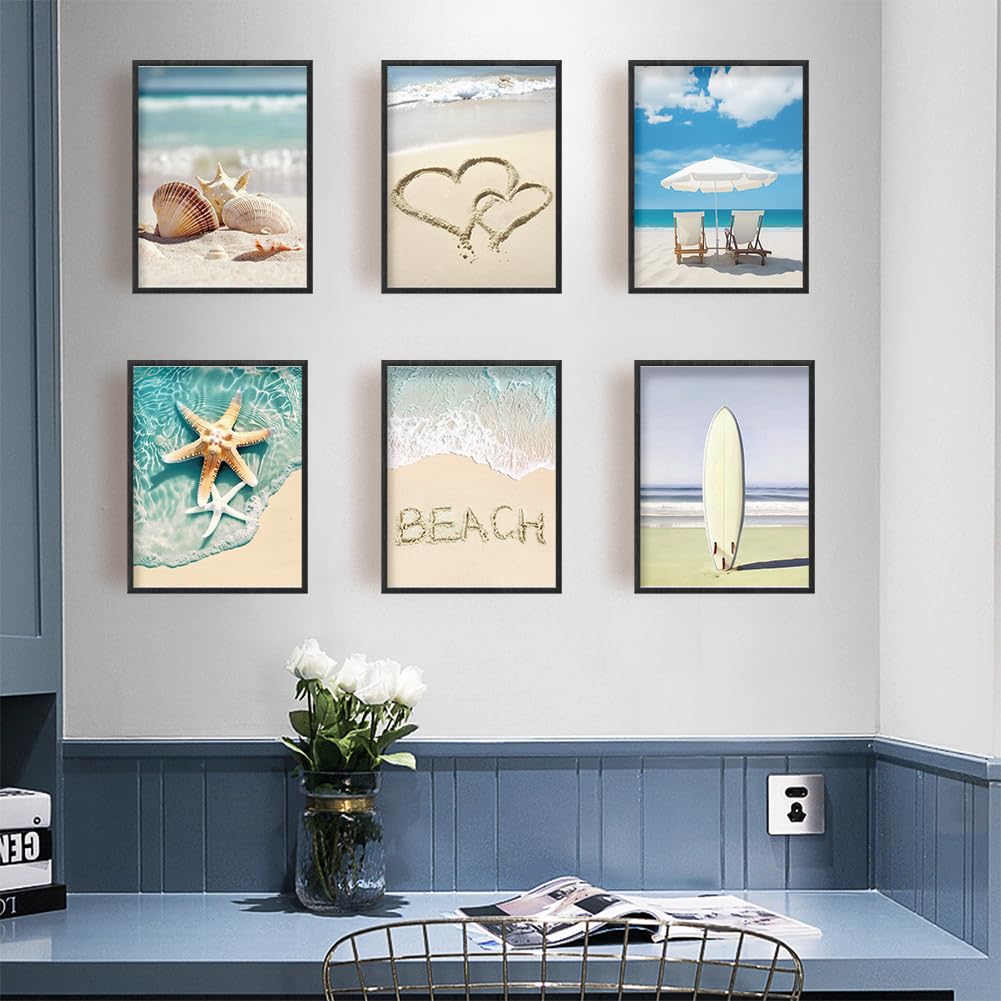 SUPERDANT Set di 6 Stampe Da Parete per Spiaggia Estiva Paesaggio Marino Pittura Murale Realismo Tela Stelle Marine Surf per Salotto Camera da Letto Soggiorno Ufficio Decorazione (Senza Cornice)