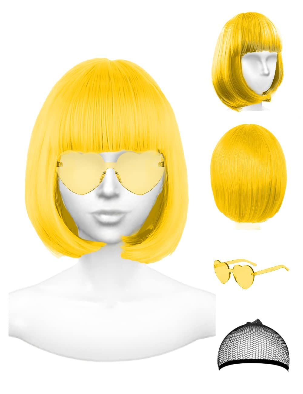 Yellow Wig and Party Sunglasses, Cosplay Color Bob Wig Party Rainbow Wigs with Neon Glasses for Women - Bachelorette Party Wigs Decorations Favors (Yellow)