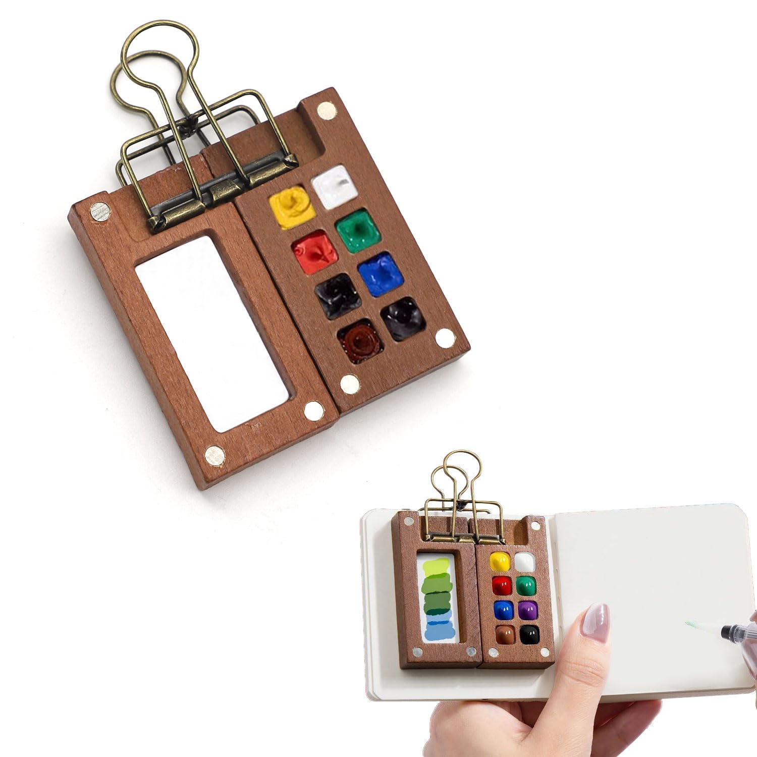 Portable Watercolor Palette, 8 Grids Mini Wood Palette Box, Foldable Pocket Travel Paint Set with Clip for Painters and Artists Y8MZYLH