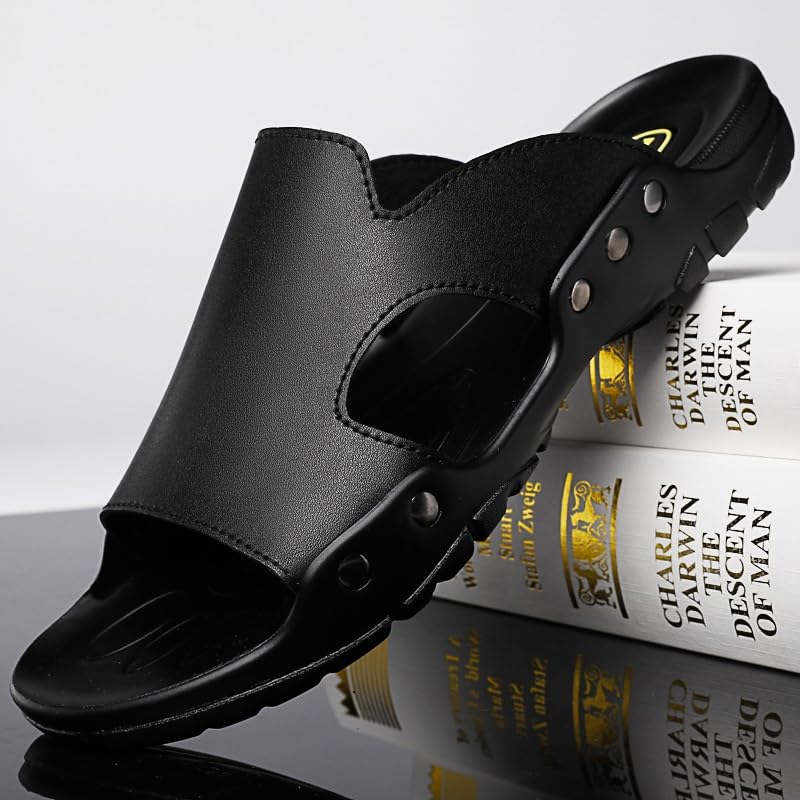 Mens Slide Sandals Simple Open Toe Leather Rivets Closure Beach Sandal Water Resistant Summer Slide Sandal4
