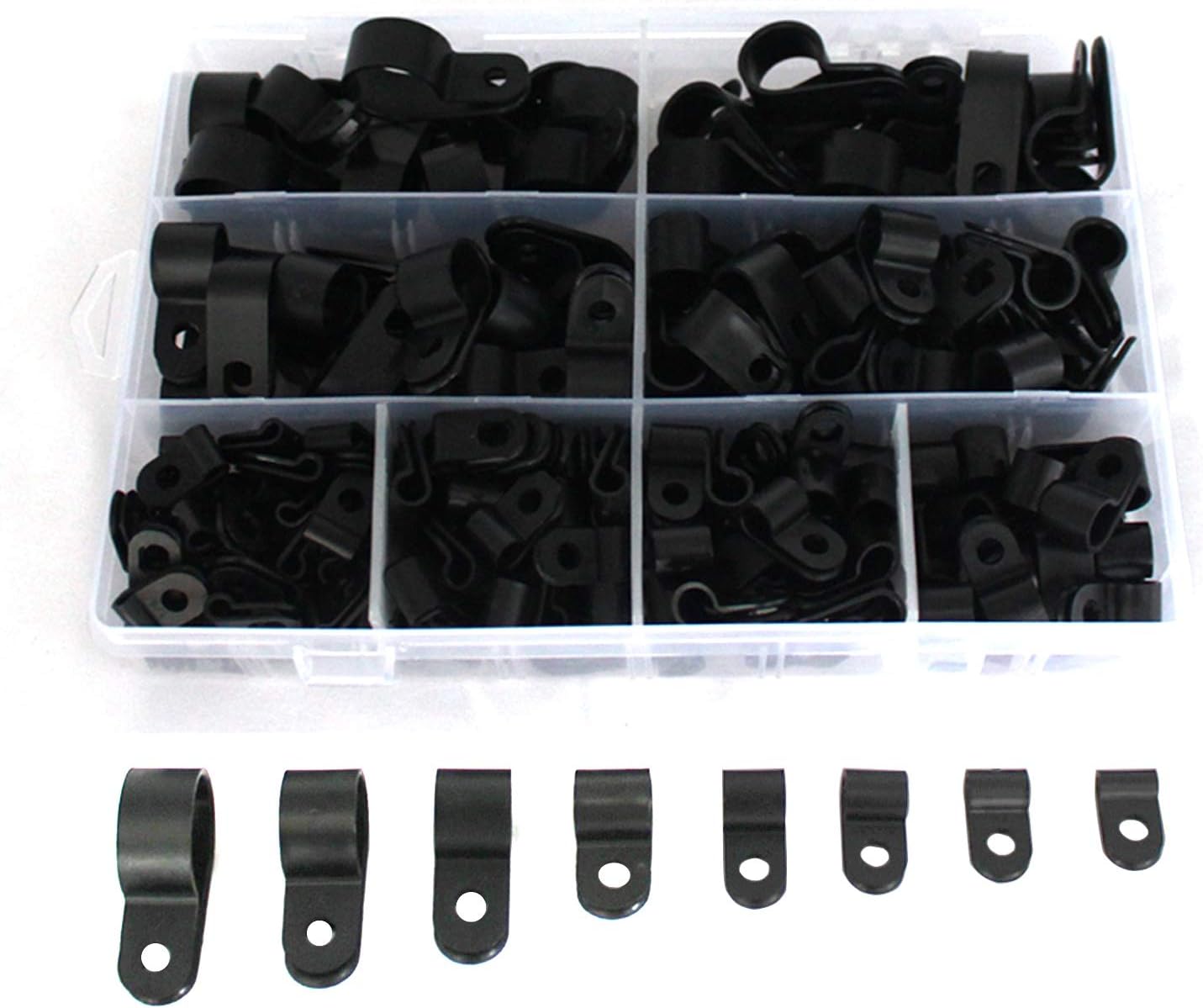 215 Pcs Cable Clamps Black R-Type Nylon Cable Clamp Clips Fasteners for Wire Management Cable Conduit 8 Sizes