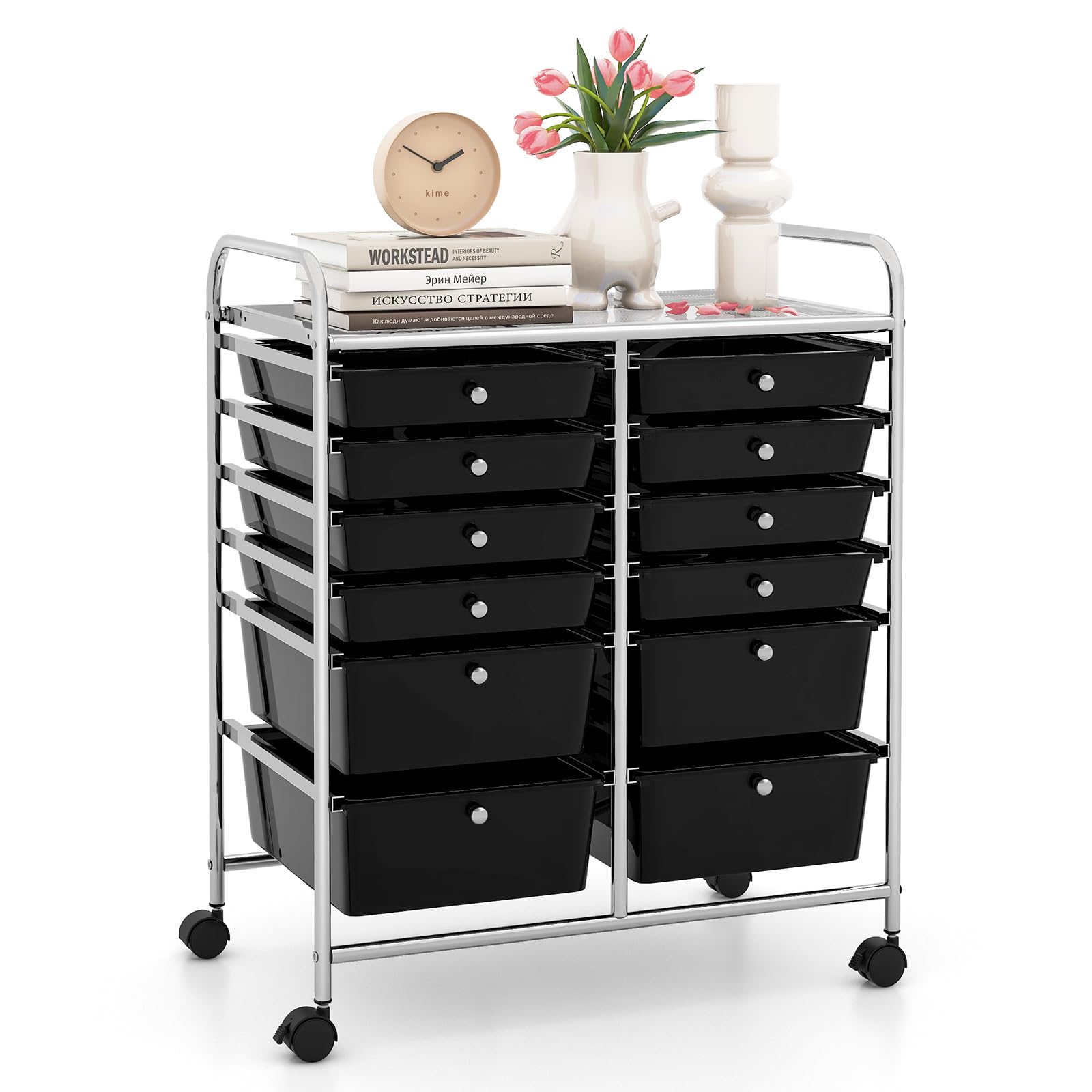 LDAILY 12 Drawer Rolling Storage Cart, Craft Cart Organizer on Wheels w/Metal Frame, Large Capacity &amp; Smooth Drawer, Rolling Cart w/Drawers for Classroom, Office