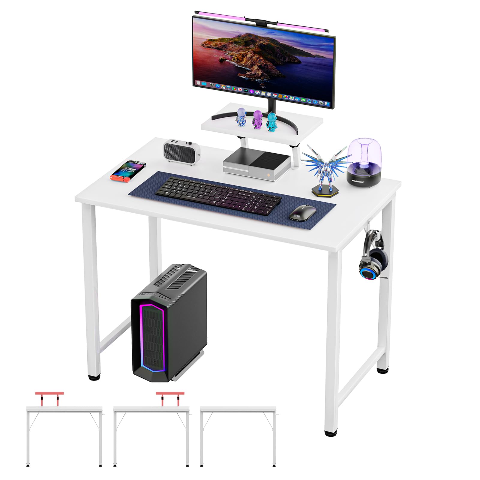 Bureau Informatique 80x40cm, Bureau d'Ordinateur Simple, Petit Table de Bureaux avec Support Amovible de Surélévation, Adapté au Bureaux, au Salon, à la Maison (Blanc)
