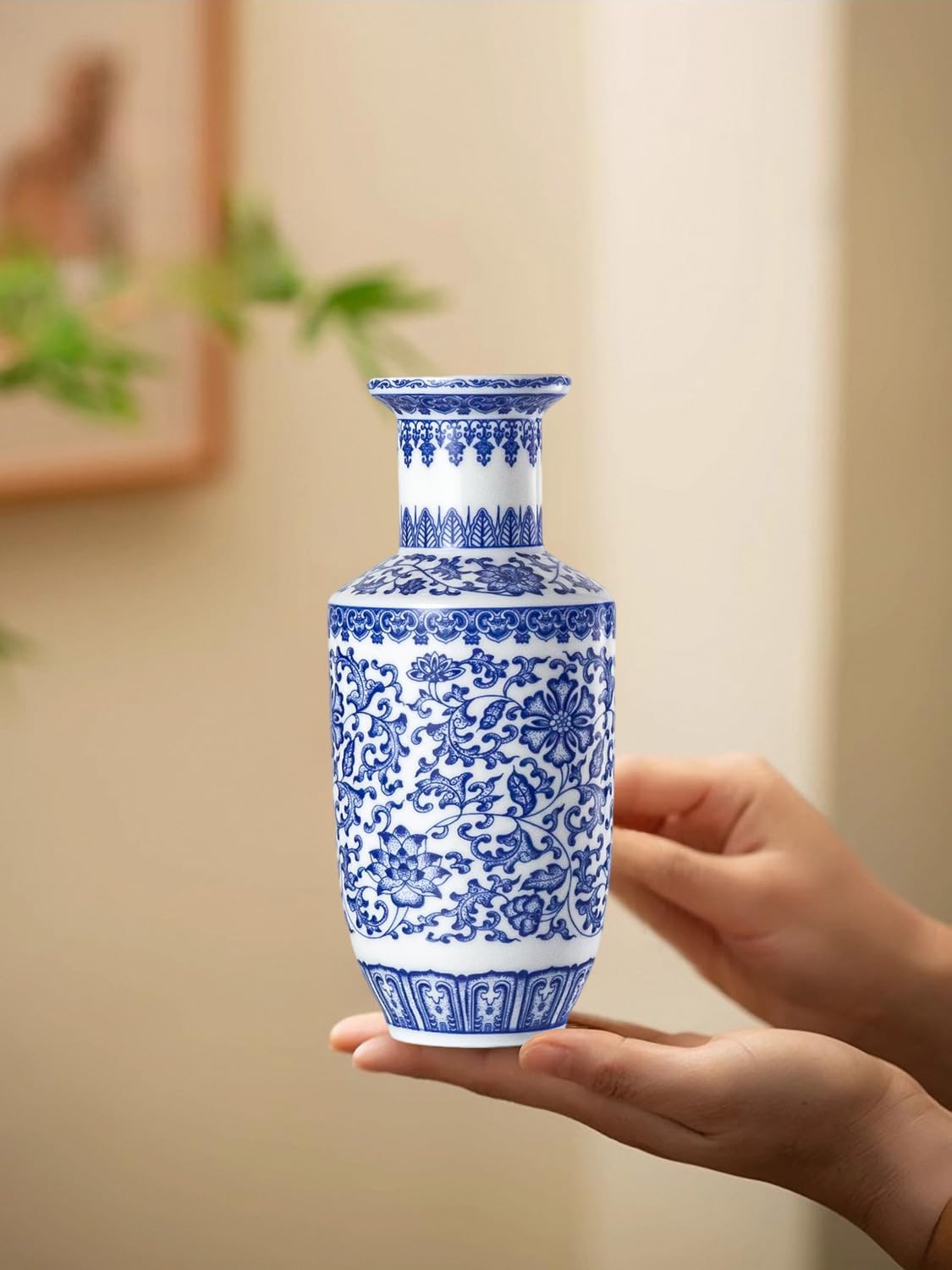 Qinlang 10.5 Inch Blue and White Ceramic Vase, Porcelain Flower Vase for Centerpieces, Decorative Floral Vase for Flowers and Home Decor - Bottle Shaped