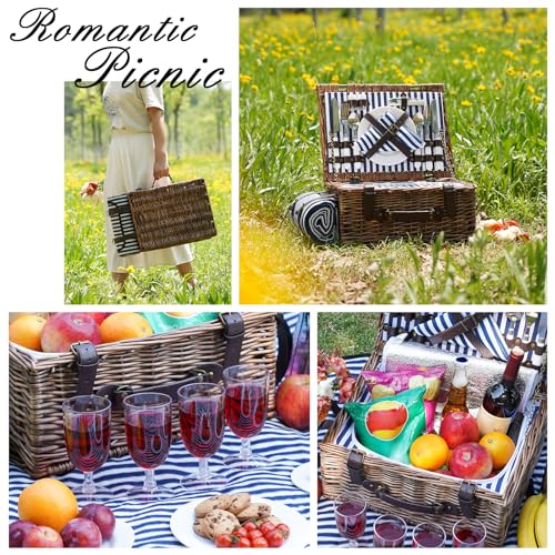 Image of Picnic Basket for 4 Persons - Baskets with Cooler and Picnic Blanket, Classical Wicker Picnic Basket with Waterproof & Sand-Proof Beach Mat,Willow Hamper Service Gift Set
