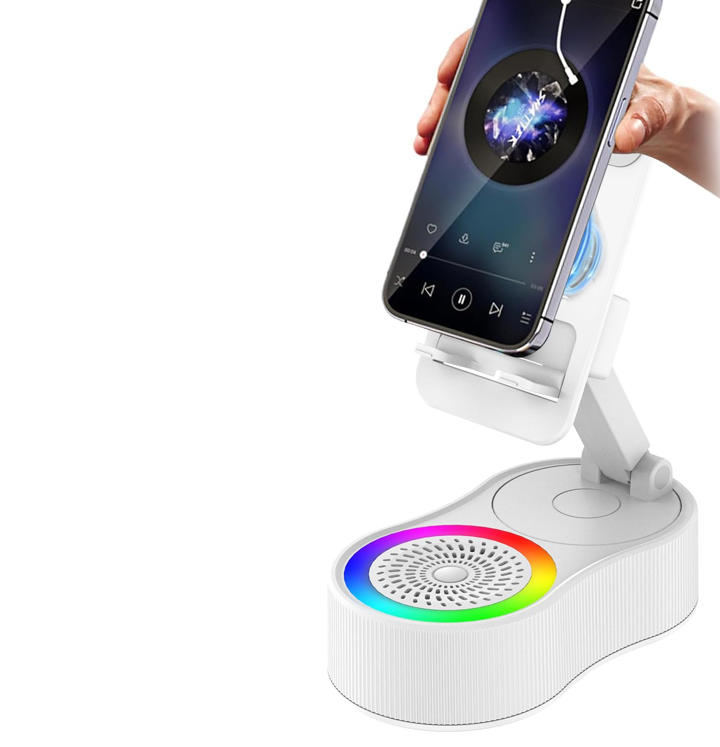 Wireless Induction Audio Bluetooth Speaker 5in1 Phone Holder Emergency Rechargeable 3000mAh with Colorful Ambient Light 300 Foldable for