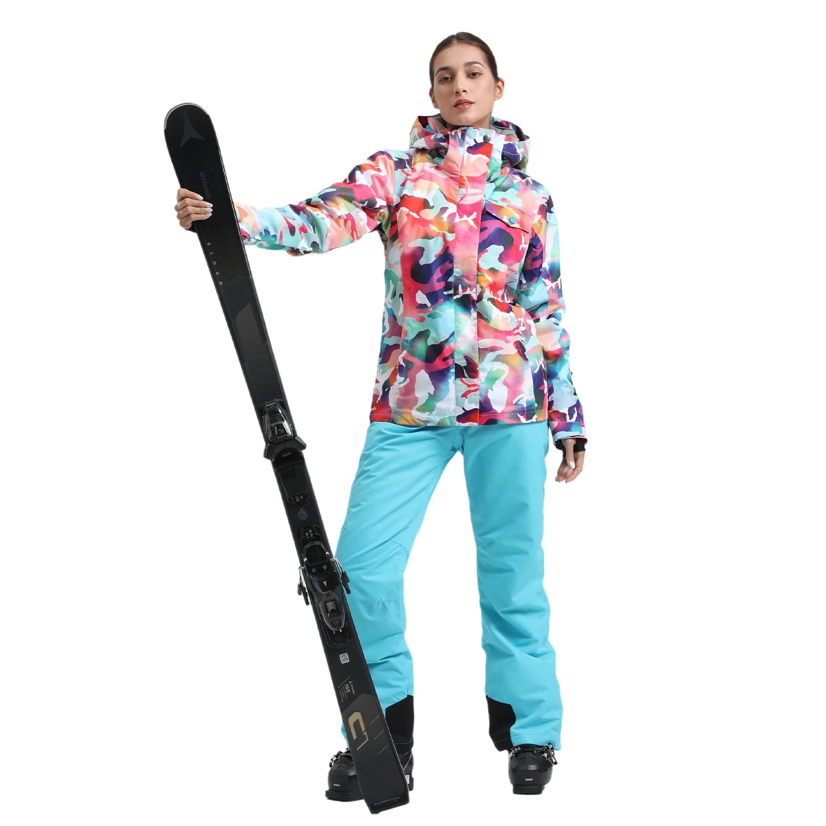 GSOU SNOW Damen Skianzug, zweiteiliges Set aus Skijacke und Skihose | 15.000 mm wasserdicht, 10.000 g atmungsaktiv, bunt bedruckt, abnehmbare Kapuze, Achselbelüftung, Schneefang für Schneesport