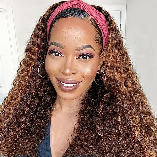 Image of Celiarita Highlights Ombre Headband Wig Deep Wave 20 Inch Glueless None Lace Front Wigs Deep Curly Wave Human Hair Headband Wig Attached Highlights Half Wigs for Black Women