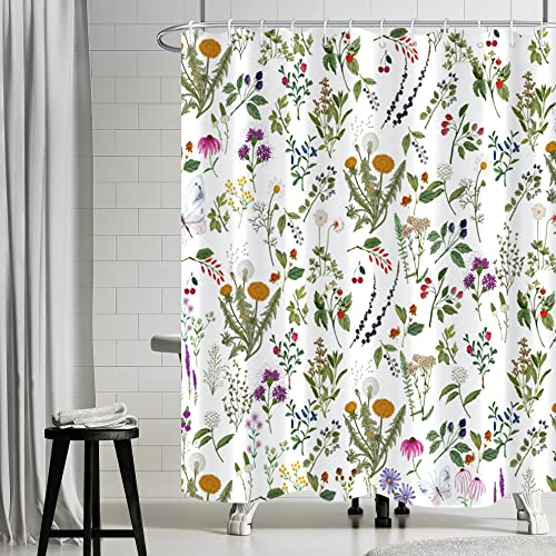 Uiiooazy Duschvorhang Blumen Vintage, Duschvorhang Bunt Blumenmuster Grün Blätter Duschvorhänge Anti Schimmel Wasserdicht Polyester Stoff Waschbar Bad Vorhang mit 12 Haken für Badezimmer 180x180cm Cover