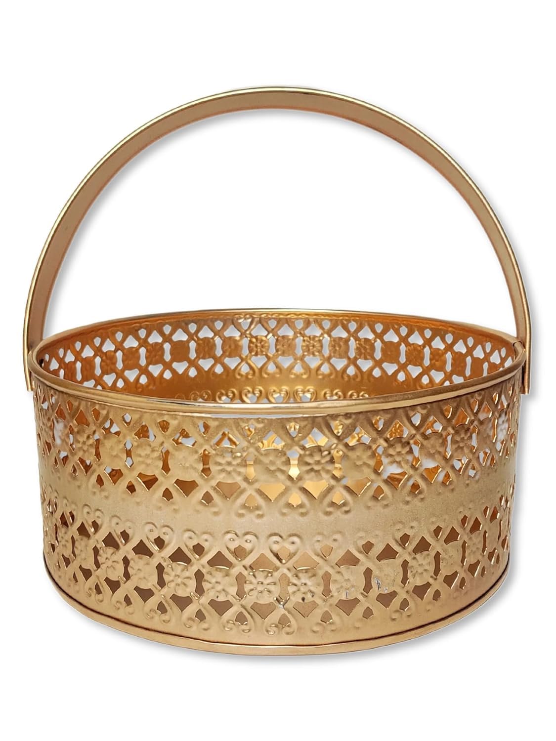ARS Metal Multipurpose Basket With Handle for Decorative Marriage Gift Hamper, Flower, Pooja & Shelf Baskets, Golden (Round Shape, 8.5 Inch)-image-7