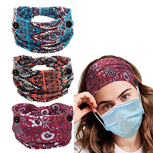 Boho Wide Headband with Button, Stretchy Elastic Ear Saver Knotted Headwear Sport Athletic Yoga Gym Head Wrap Hair Accessories for Women,Youth(Type D)