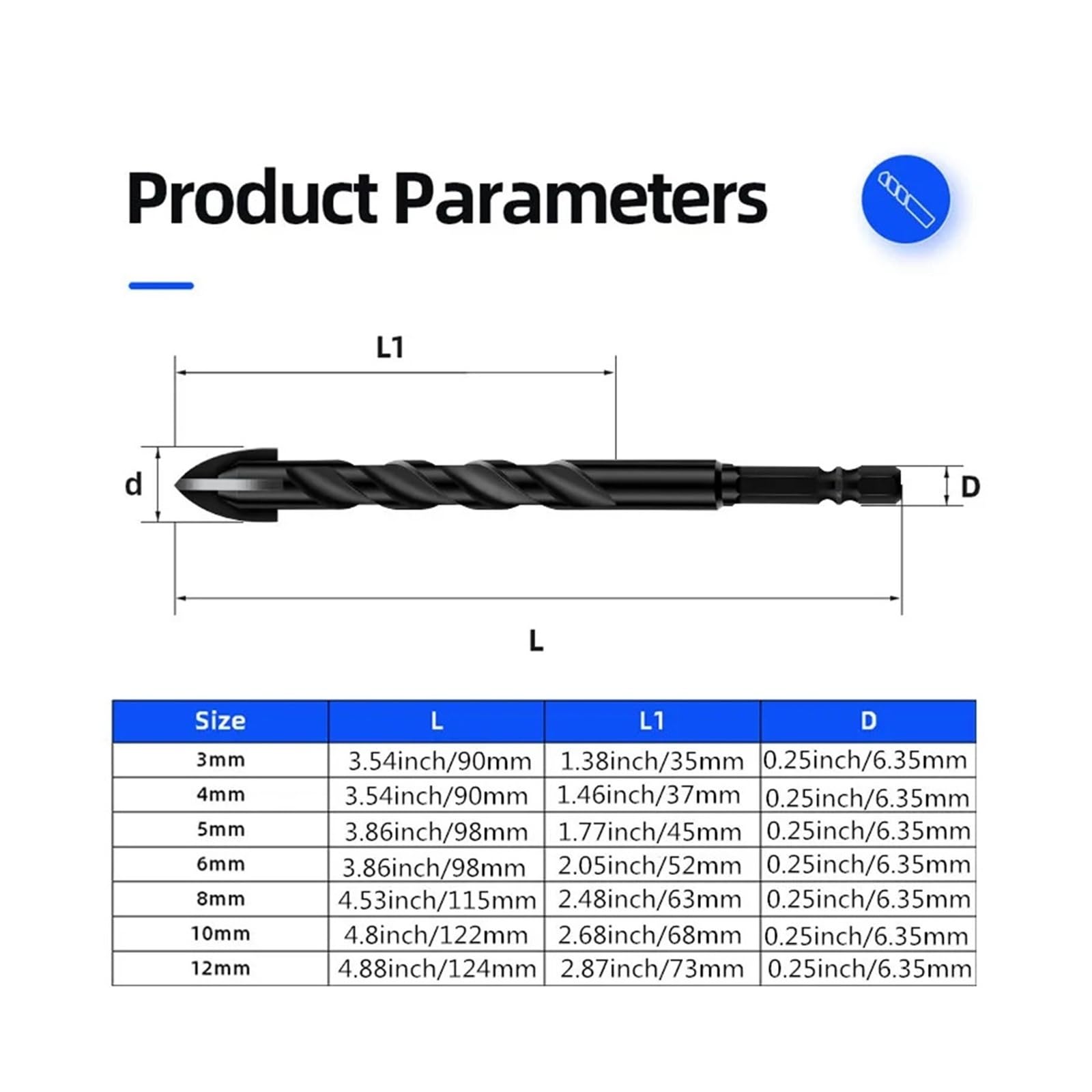 Punta per trapano in cobalto Jobber, Punte in carburo di tungsteno per muratura, for vetro, cemento, mattoni e plastica(7PCS)