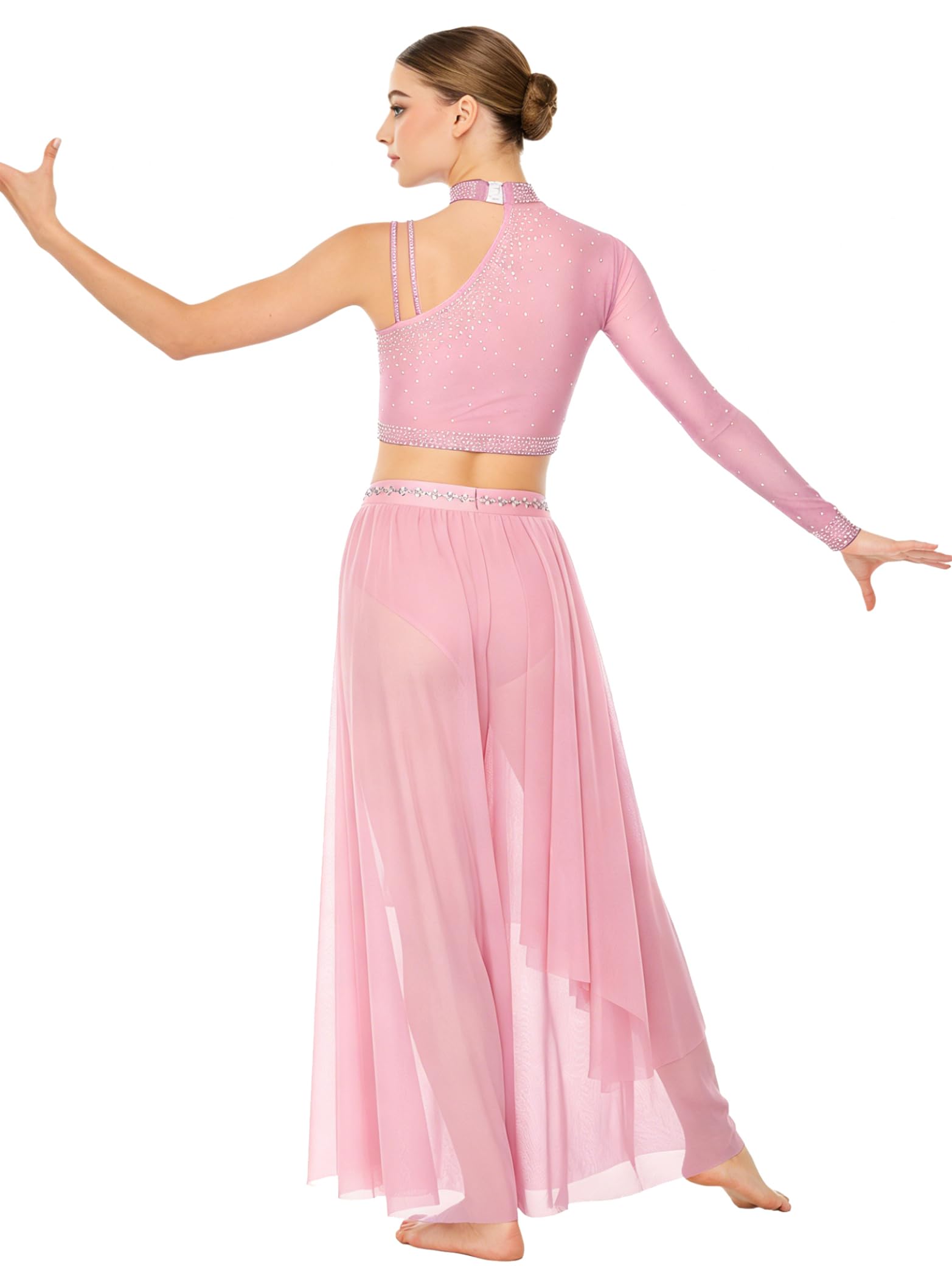 Nowoczesny strój taneczny damski typu Contemporary Dance sukienka na jedno ramię, top, stras, brokat, top z szyfonu, spódnica do tańca, kostium do tańca, Rosa, S