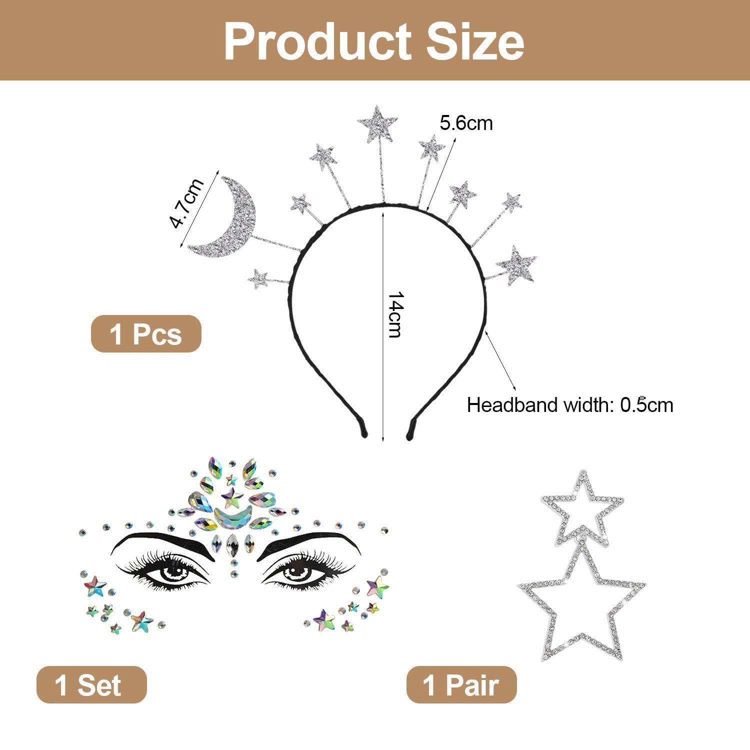1 Star Moon Headband, 1 Rhinestone Face Patch, 1 Pair Of Star Earrings, Women'S Fashionable Star Headband - Image 2
