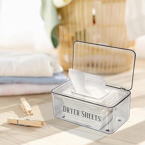 Miniatura 8 de Gnjoyxuan - Contenedor de hojas para secadora, soporte para hojas de secadora de lavandería, caja de almacenamiento de pañuelos transparentes,