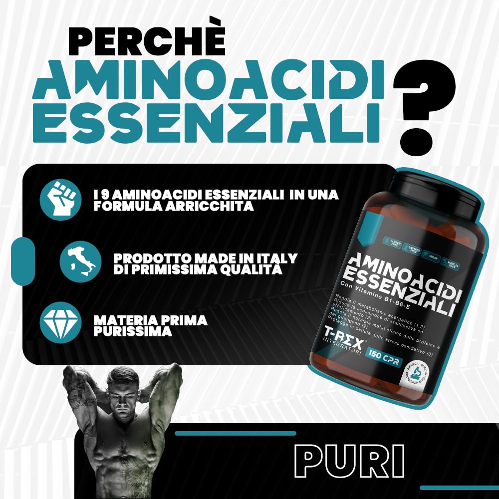 EAA Aminoacidi Essenziali con mix di vitamine B1, B6 ed E - Integratore di amminoacidi naturali vegan ottenuti da fermentazione T-Rex Integratori (Compresse, 150 Unità (Confezione da 1))