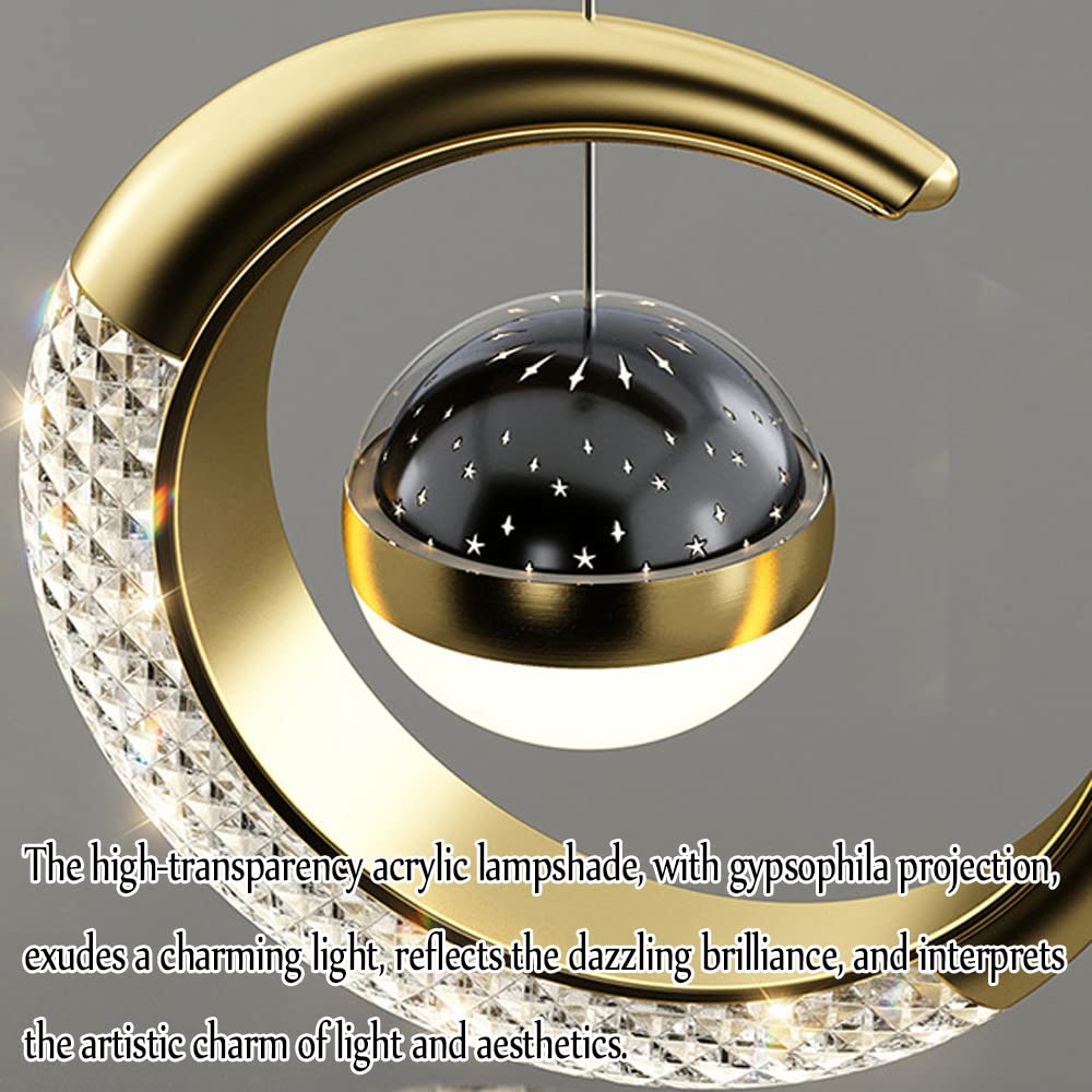 Lampa wisząca w kształcie księżyca Nowoczesny żyrandol 1-punktowa kula pojedyncza lampa wisząca z projekcją gwiazdy Światło LED w kształcie półksiężyca Wisząca lampa opuszczana do pokoju dziecięcego