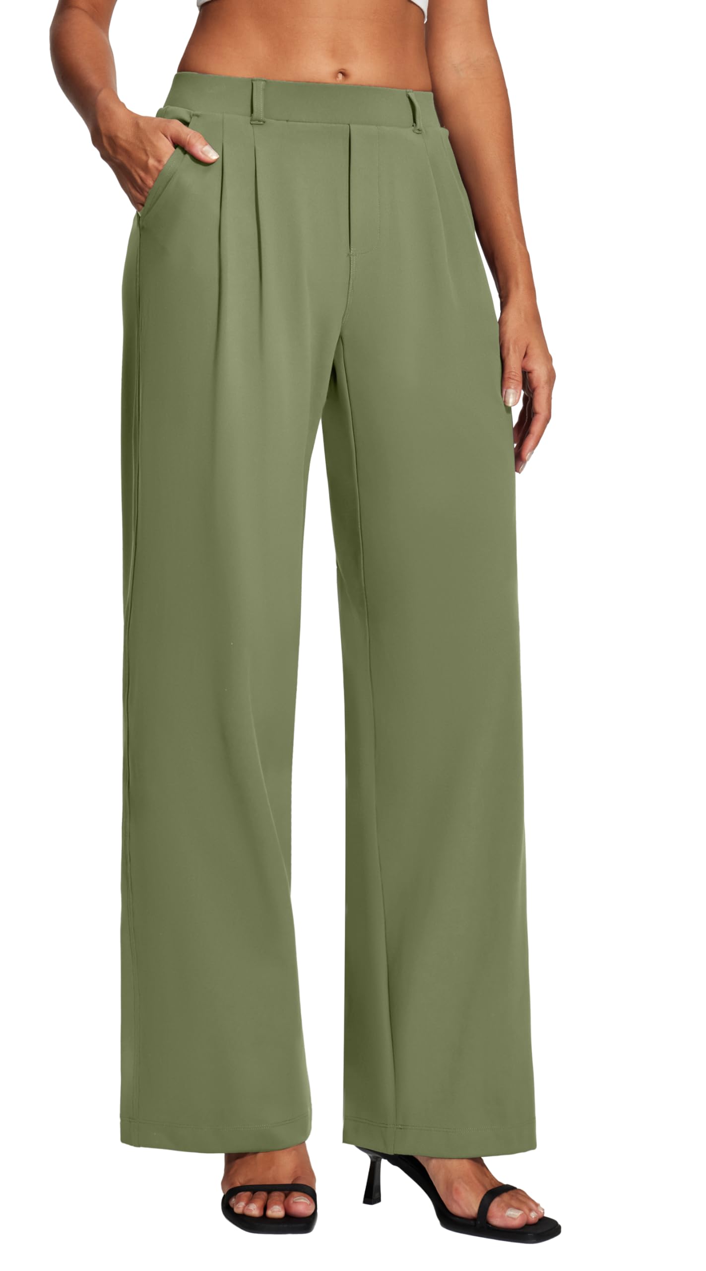 Heathyoga Womens Dress Pants Pull On Wide Leg Stretchy Work Pants Women Business Casual Outfits Slacks for Women Trousers Standard Medium Loden Green