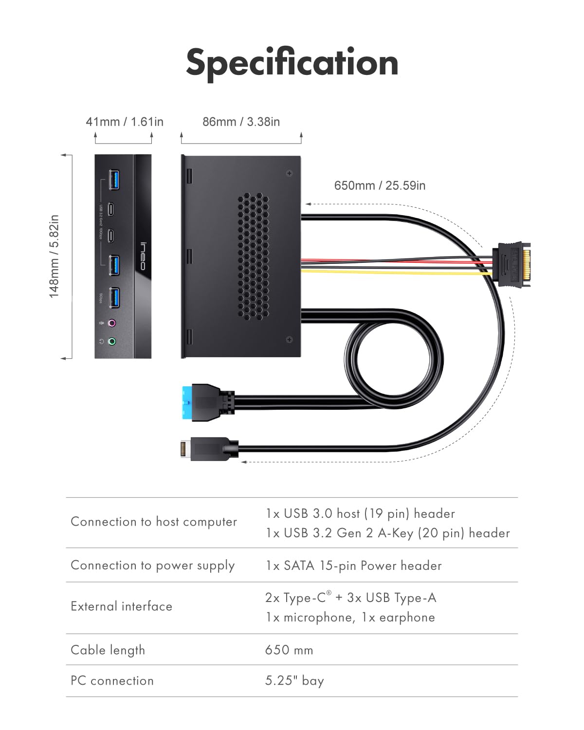 ineo Hub USB 3.2 Gen2 sul pannello frontale da 5,25" (2x10G USBC, 2x10G USBA, 1x USB3.0 TypeA e jack audio per microfono) [3570]
