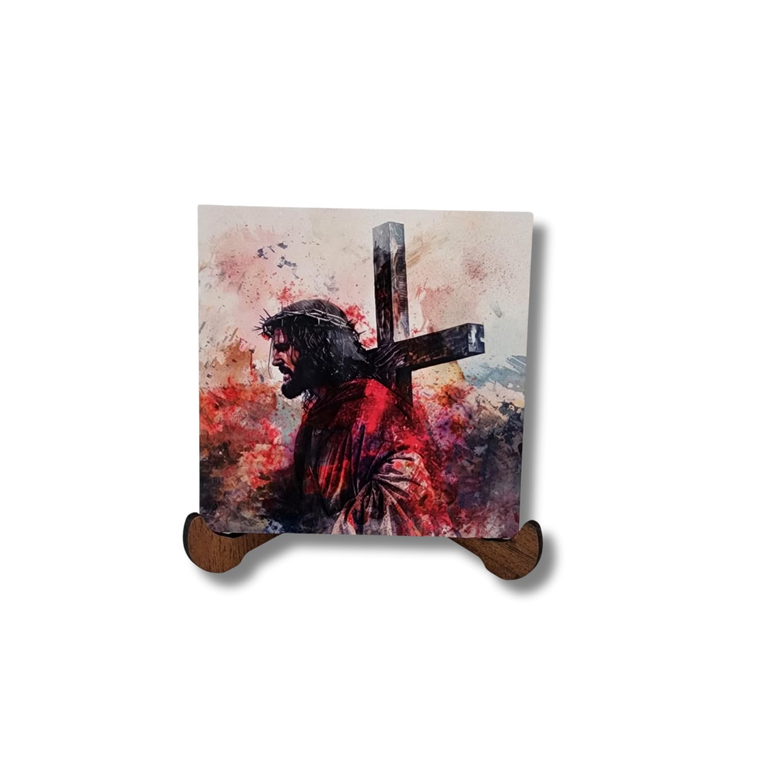 Hedea Mixed Colour Jesus Cross Wood Decor – Christian Wall Art, Wooden Religious Plaque 10X10 Cm, Small Rustic Hanging Decoration, Faith Home Ornament