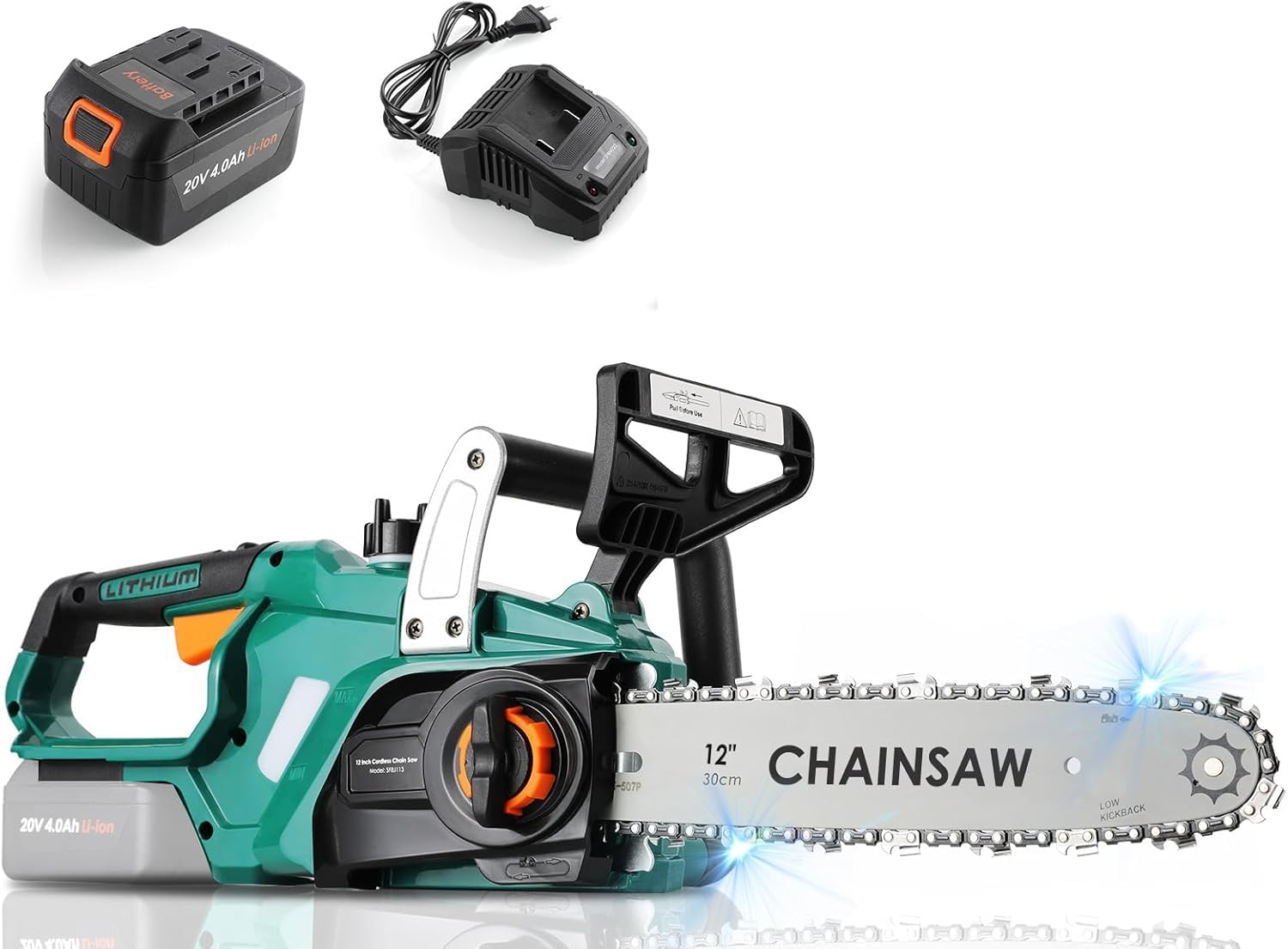 12 Pollici Motosega a Batteria con Li-Ion 20V Batteria,4000 mAh Motosega Elettrica Lunghezza di Taglio 30,5 cm,Sega Elettrica con Catene/Barre Guida/Caricabatterie,Motore Brushless,per Tagliare Legna