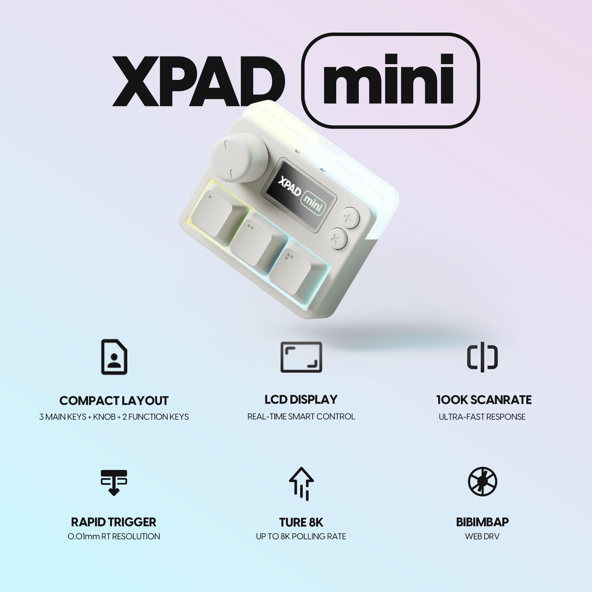 Pulsar Gaming Gears LAB XPAD MINI 3-klawiszowa klawiatura do gier, częstotliwość odpytywania 8K, niskie opóźnienie 0,1 ms, wyświetlacz LCD, przełącznik magnetyczny, RGB (mini, biała)