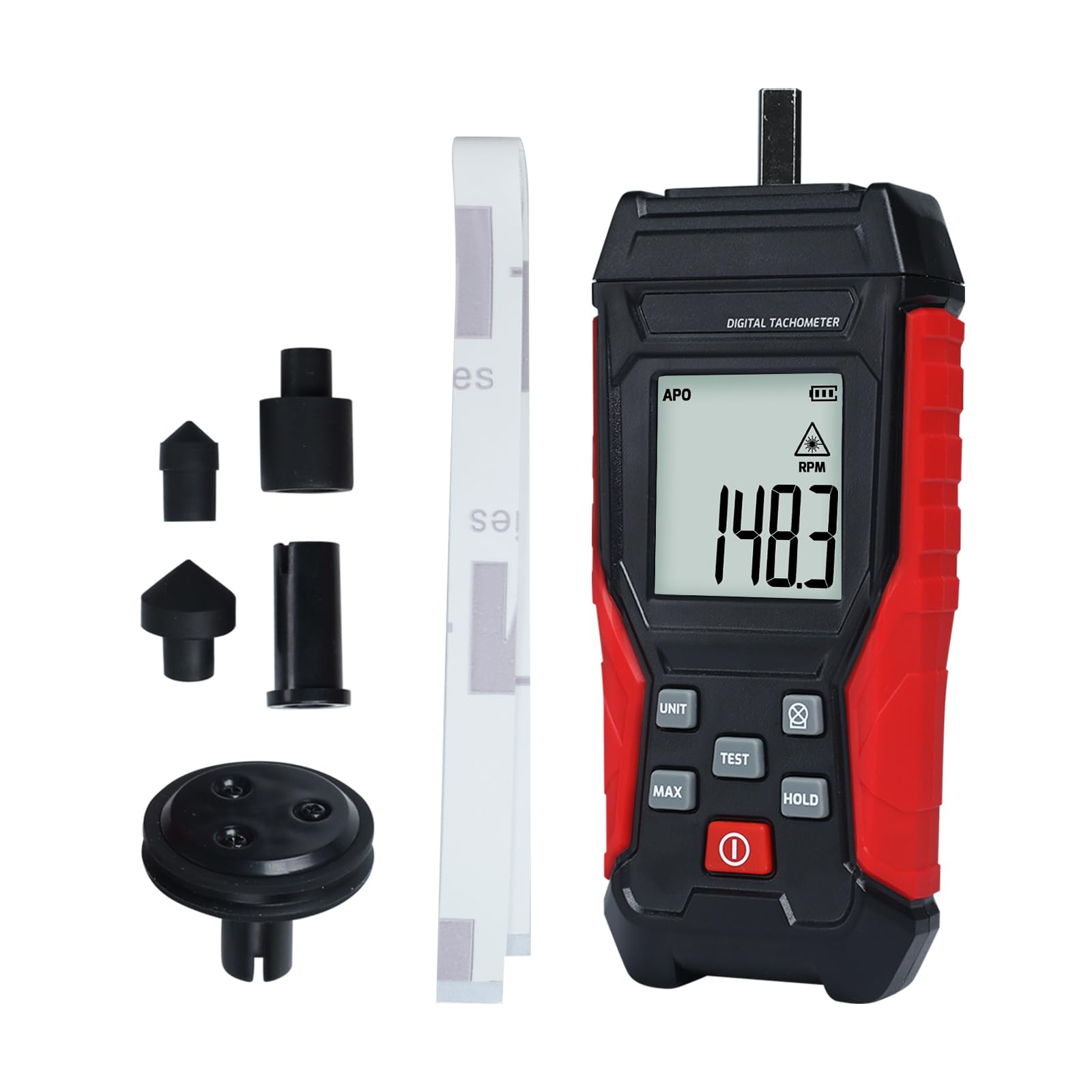 JuviPerpric 2-in-1 Digital Tachometer, Handheld Contact 3~19999RPM & Non-Contact 3~99999RPM Meter with 4 Probes,Hold Data, RPM Tachometer for Small Engines-image-5
