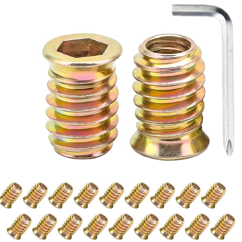 20 Pack M5 x 10mm Flanged Threaded Inserts for Wood, Rustproof Zinc Plated Carbon Steel Hex Drive Fasteners with Hex Wrench for Furniture Repair Cabinets Workbenches & DIY Woodworking