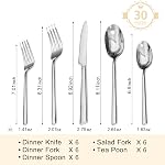 KINGSTONE Silverware Prêt, 30-Piece Ensemble de coutellerie plate forgée en acier inoxydable haut de gamme, service pour 6, pour la maison, mariage, fête, miroir poli et lave-vaisselle en sécurité