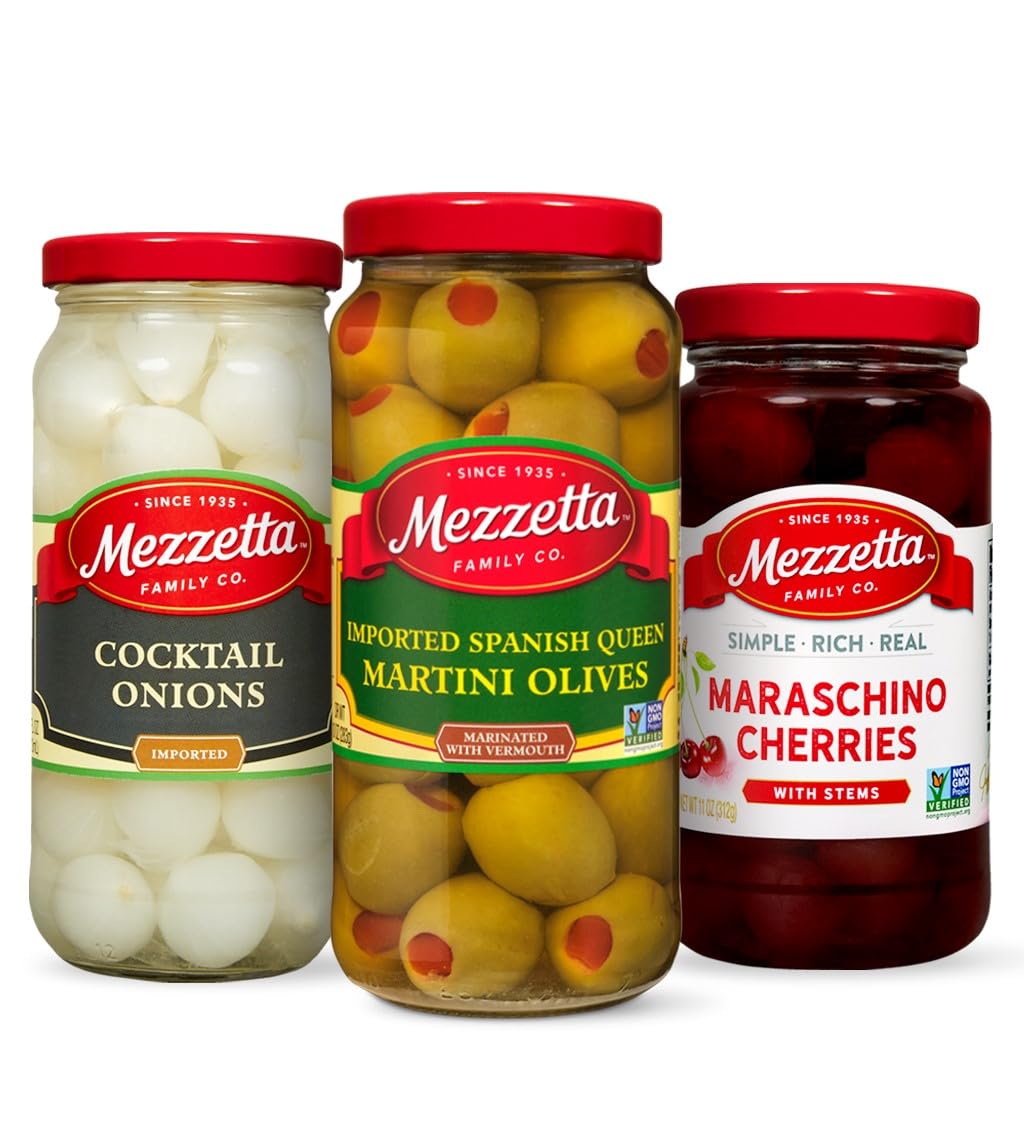 Mezzetta Cocktail Pack (3 Pack) | Martini Olives 10 Ounce, Cocktail Onions 16 Ounce & Maraschino Cherries 11 Ounce Jars