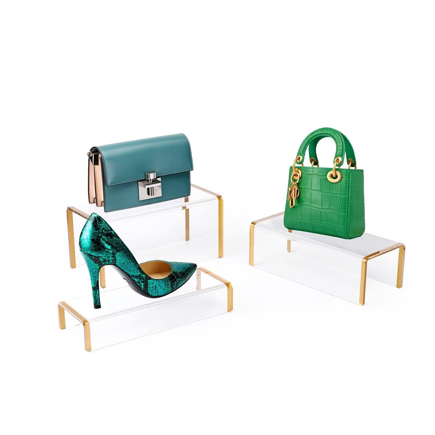 Espositore in Acrilico per Borsa e Scarpa, 5mm Spessore Risers Stand Trasparente con Bordo Oro, 3 Pezzi Lusso Portafoglio Gioielli Perfume Display Showcase per Armadio Venditore al Dettaglio Store