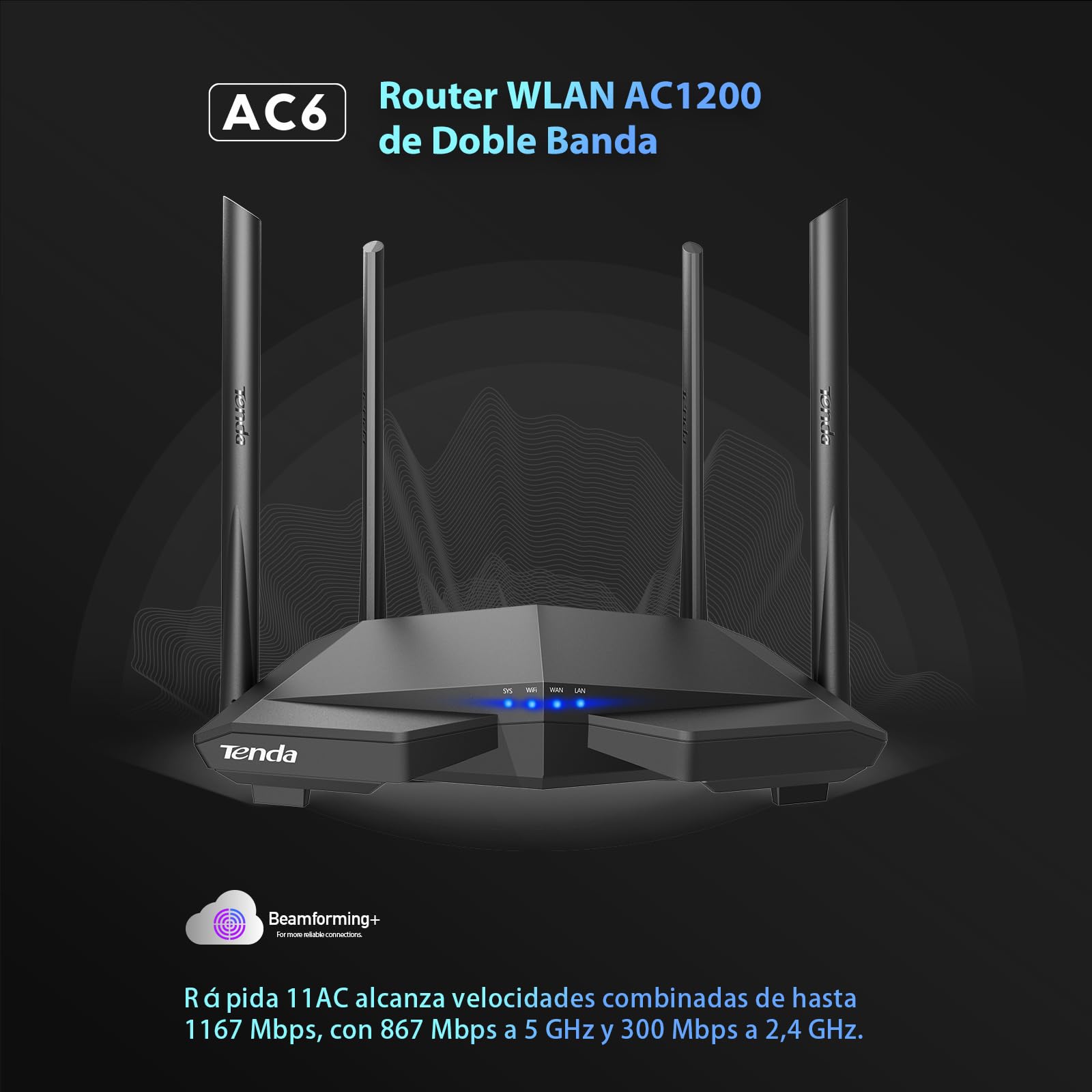 Tenda AC6 Router Inalámbrico Inteligente de Doble Banda (AC1200, 4 Puertos Megabit, WiFi Inteligente, Ahorro de Energía, 4x 5dBi HG Antenas), Color negro