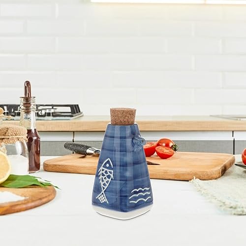 Miniatura 3 de Hemoton Botella dispensadora de aceite de cerámica japonesa de 7.4 fl oz, 3 unidades de loza Ponzu, dispensador de vinagre con tapón de madera,